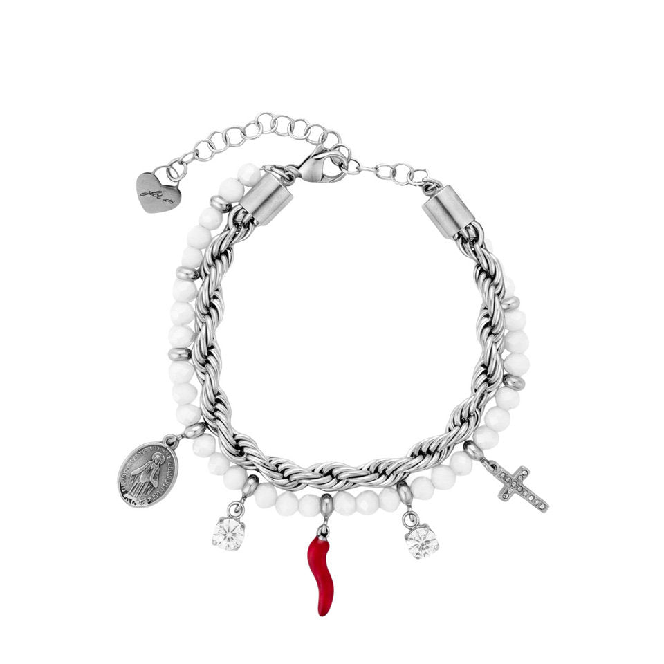 Bracciale Donna Cesare Paciotti 4US 4UBR8995W Multifilo in Acciaio con Perline Bianche, Charm Cornetto Rosso, Cristalli, Croce e Medaglia Miracolosa - Arena Gioielli - cesare paciotti