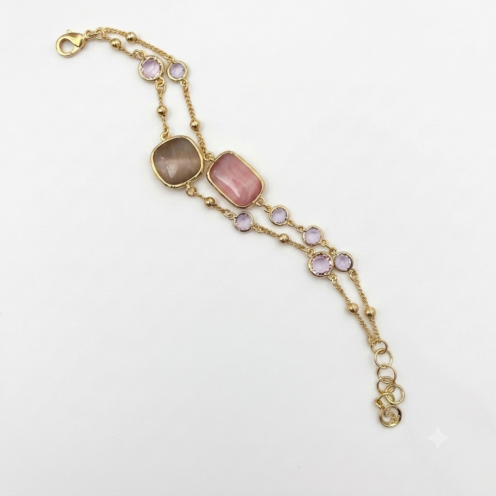 Bracciale Donna Sovrani Ottone Dorato Doppia Catena Quarzo Fumé Rosa Lavanda J11534 - Sovrani