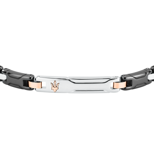 Bracciale Uomo Maserati in Ceramica Nera e Acciaio con Tridente PVD Oro Rosa JM426ATZ93 - Arena Gioielli - Maserati