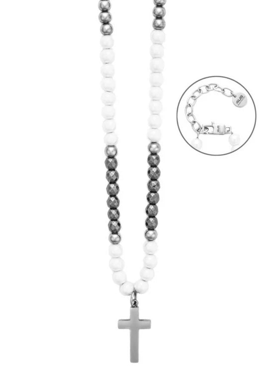 Collana Uomo Cesare Paciotti 4US Rosario Perle Bicolore Bianco e Acciaio Croce 4UCL8498 - cesare paciotti