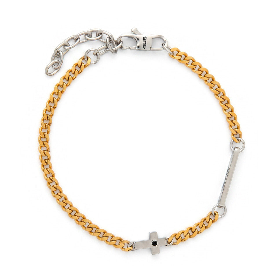 Bracciale Uomo 4US Cesare Paciotti 4UBR8960 in Acciaio Bicolore con Piastrina, Croce e Zircone Nero - cesare paciotti