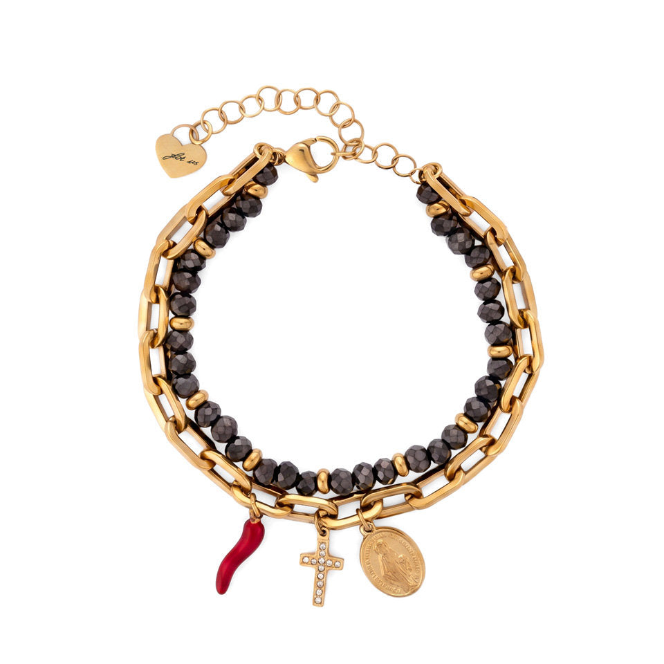 Bracciale Donna Cesare Paciotti 4US 4UBR8994W Multifilo in Acciaio Dorato con Perline Scure, Charm Cornetto Rosso, Croce e Medaglia Miracolosa - Arena Gioielli