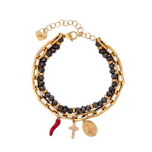 Bracciale Donna Cesare Paciotti 4US 4UBR8994W Multifilo in Acciaio Dorato con Perline Scure, Charm Cornetto Rosso, Croce e Medaglia Miracolosa - Arena Gioielli - cesare paciotti