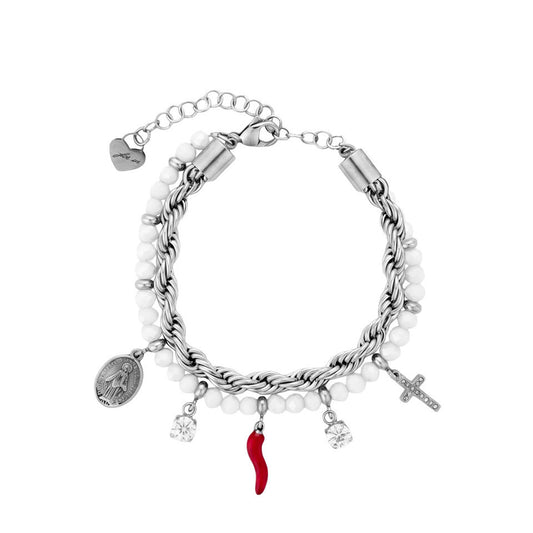 Bracciale Donna Cesare Paciotti 4US 4UBR8995W Multifilo in Acciaio con Perline Bianche, Charm Cornetto Rosso, Cristalli, Croce e Medaglia Miracolosa - Arena Gioielli - cesare paciotti