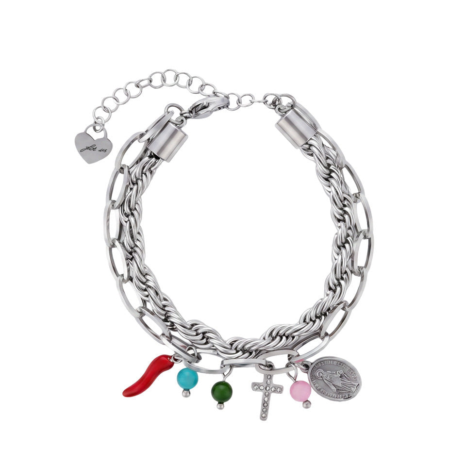 Bracciale Donna Cesare Paciotti 4US 4UBR8996W Multifilo in Acciaio con Charm Portafortuna, Perline Colorate, Croce e Medaglia Miracolosa - Arena Gioielli