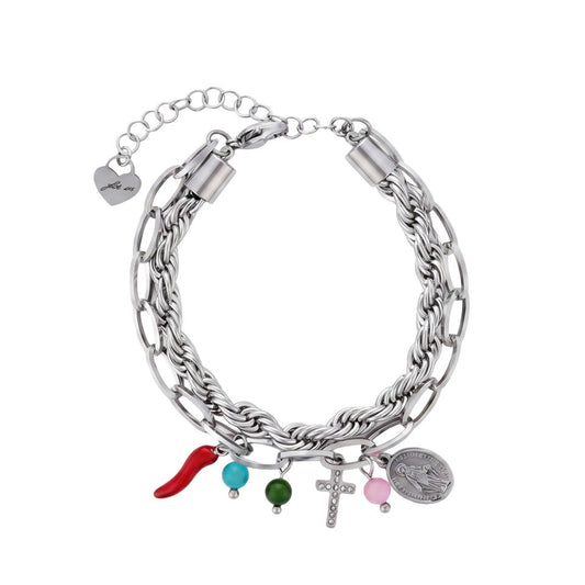 Bracciale Donna Cesare Paciotti 4US 4UBR8996W Multifilo in Acciaio con Charm Portafortuna, Perline Colorate, Croce e Medaglia Miracolosa - Arena Gioielli - cesare paciotti