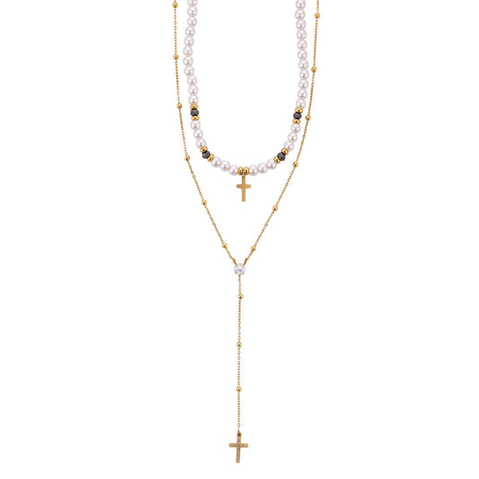 Collana Donna Cesare Paciotti 4US 4UCL9000W Rosario a Due Fili in Acciaio Dorato, Perle e Croce - Arena Gioielli - cesare paciotti