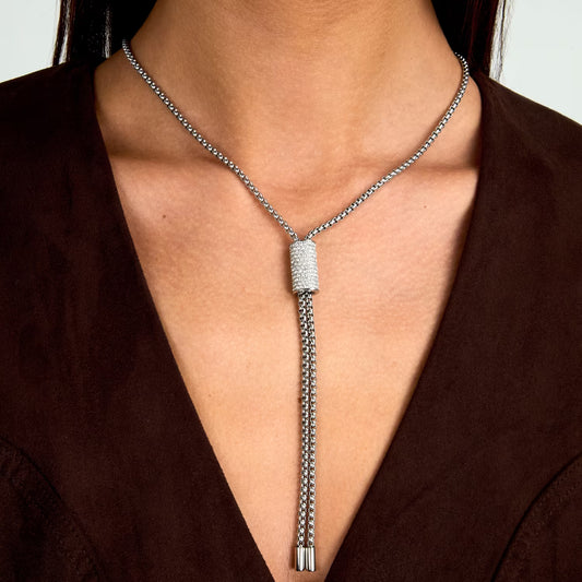 Collana Donna Trussardi T-Design Lunga con Pendente in Acciaio Silver e Cristalli Bianchi TJAXA44 - Arena Gioielli - Trussardi