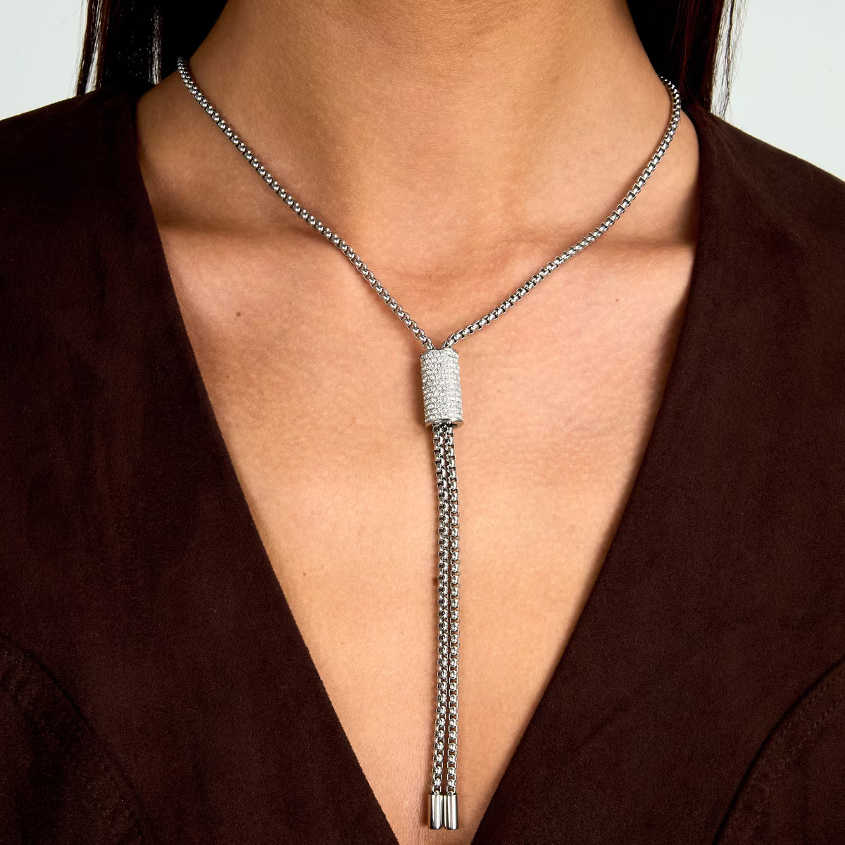 Collana Donna Trussardi T-Design Lunga con Pendente in Acciaio Silver e Cristalli Bianchi TJAXA44 - Arena Gioielli