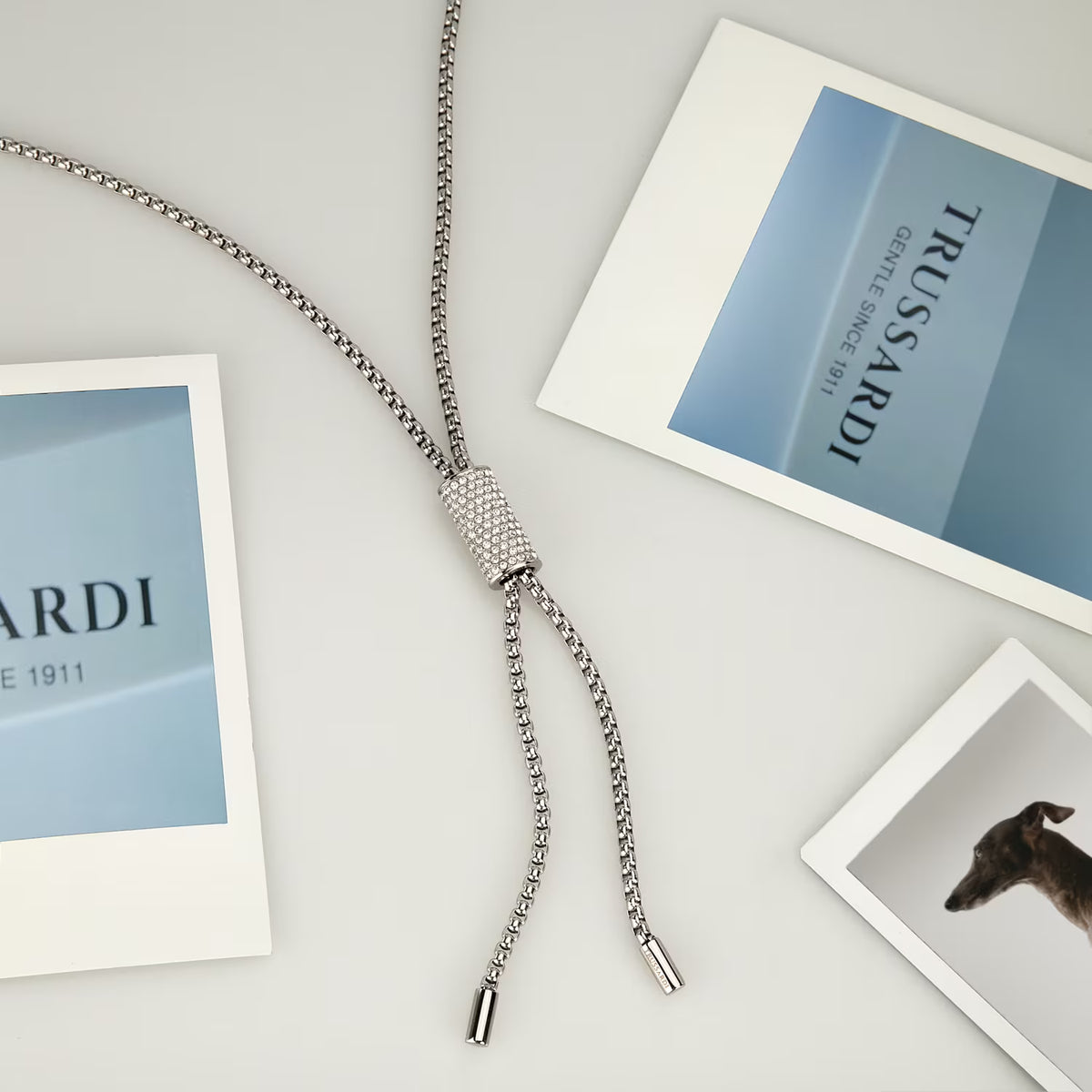 Collana Donna Trussardi T-Design Lunga con Pendente in Acciaio Silver e Cristalli Bianchi TJAXA44 - Arena Gioielli