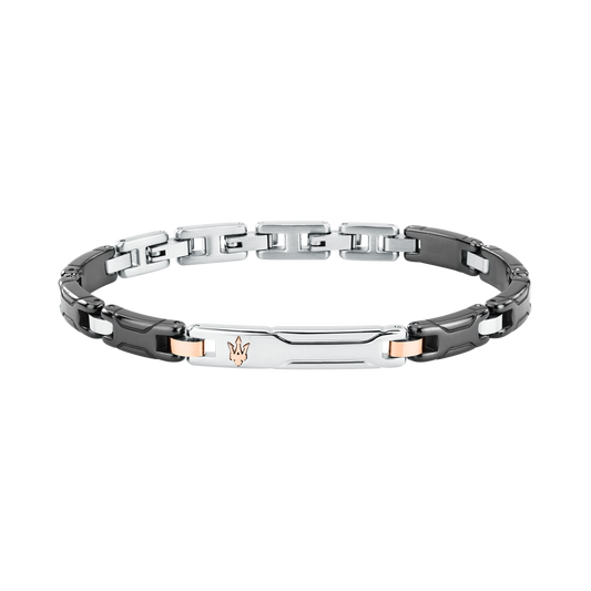 Bracciale Uomo Maserati in Ceramica Nera e Acciaio con Tridente PVD Oro Rosa JM426ATZ93 - Arena Gioielli - Maserati