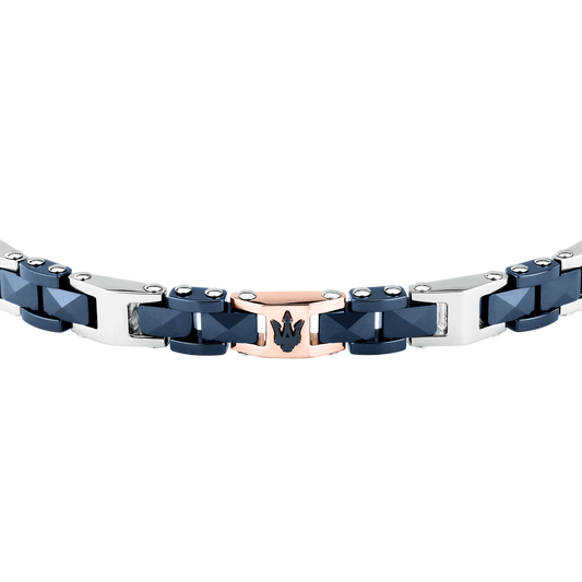 Bracciale Uomo Maserati Ceramic a Catena in Acciaio e Ceramica Blu con Tridente Rose Gold JM426ATZ97 - Arena Gioielli - Maserati