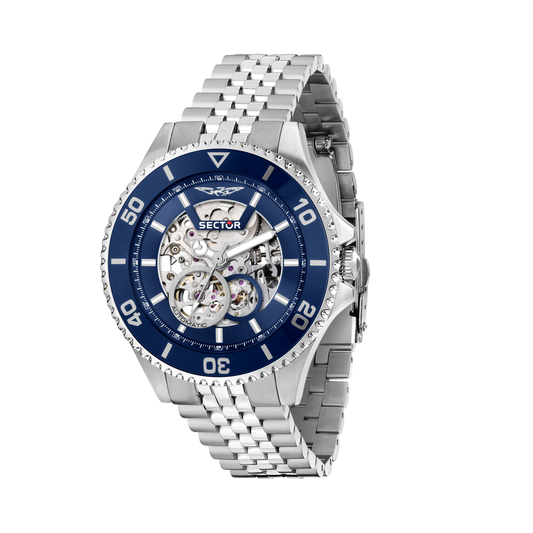 Orologio Uomo Sector 230 Automatico Skeleton in Acciaio Silver con Lunetta Blu R3223161025 - Sector