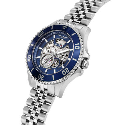 Orologio Uomo Sector 230 Automatico Skeleton in Acciaio Silver con Lunetta Blu R3223161025 - Arena Gioielli