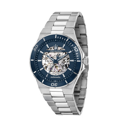 Orologio Uomo Maserati Sfida Automatico Skeleton in Acciaio Silver con Quadrante Blu R8823140019