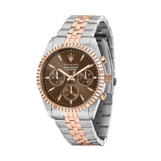 Orologio Uomo Maserati Competizione Multifunzione in Acciaio Bicolore Silver e Rose Gold con Quadrante Marrone R8853100049 - Maserati