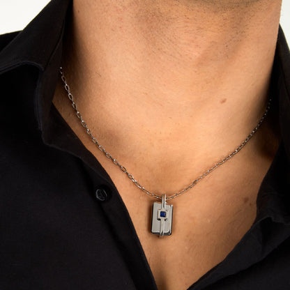 Collana Uomo Morellato Motown SALS128 in Acciaio Silver con Pendente e Zircone Blu 45+5 cm