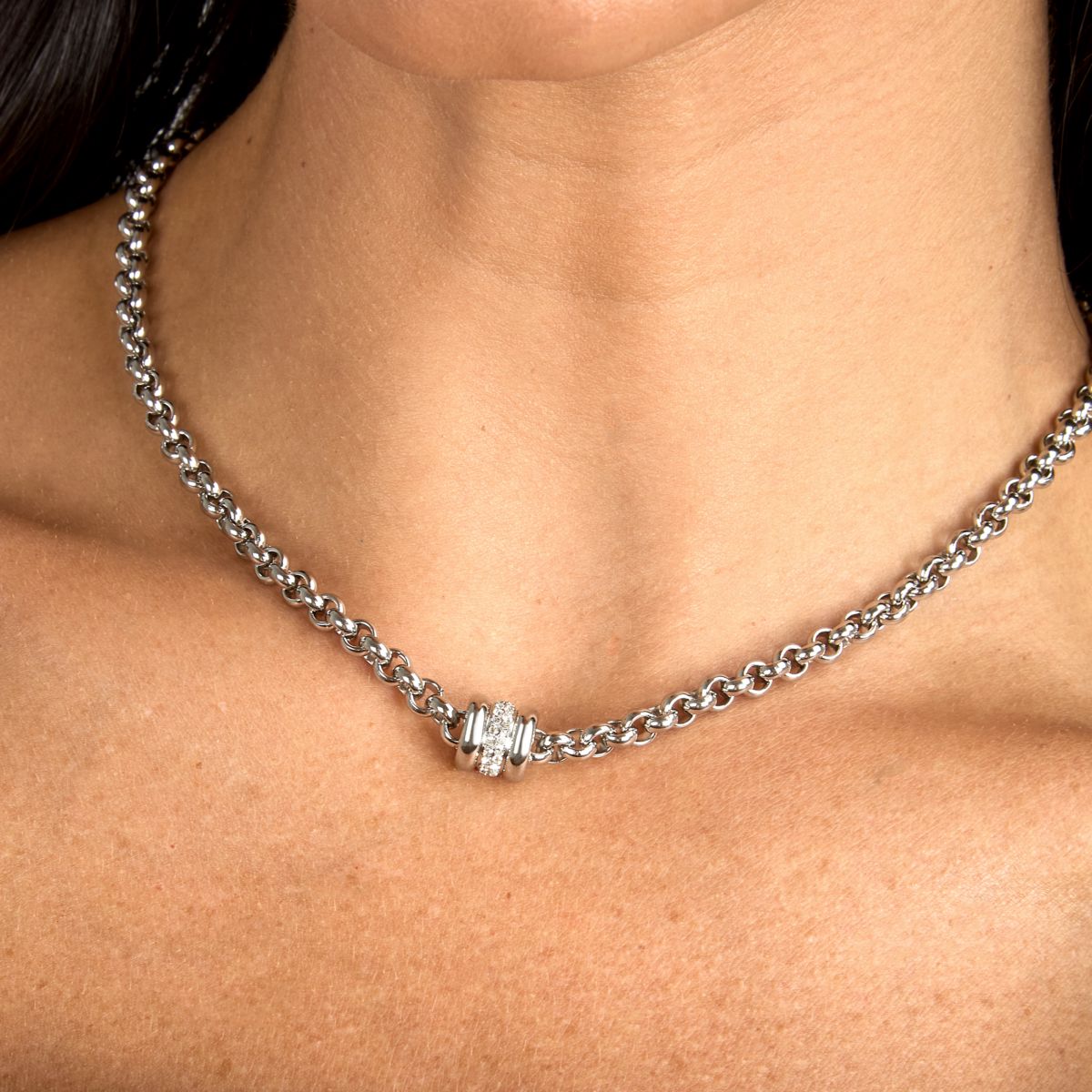 Collana Donna Morellato Vintage SAZJ12 a Catena in Acciaio Silver con Elemento Cilindrico e Cristalli Bianchi 40+5 cm - Morellato