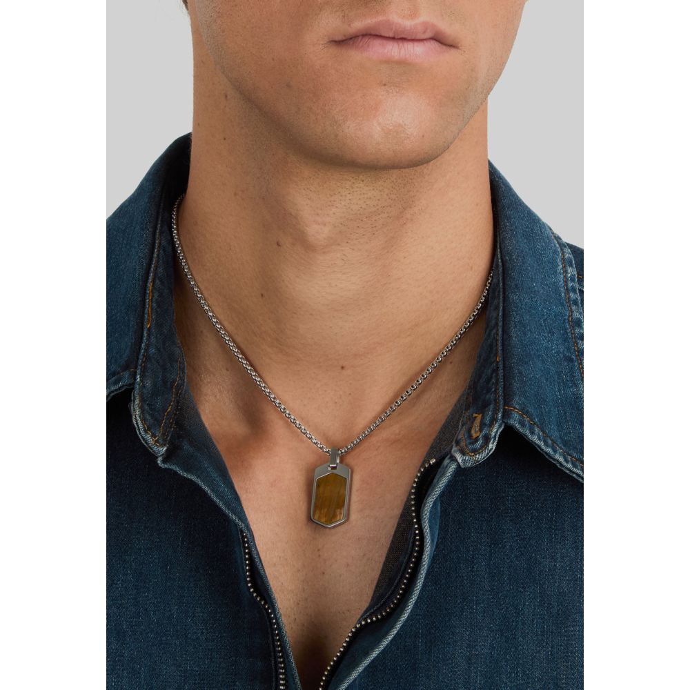 Collana Uomo Morellato Terra SBKA01 in Acciaio Silver con Pendente in Pietra Occhio di Tigre Marrone 50+5 cm - Arena Gioielli - Morellato