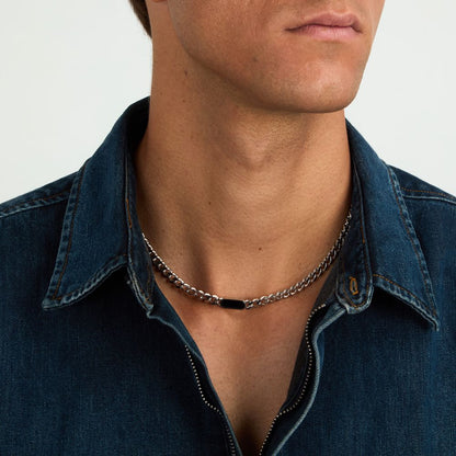 Collana Uomo Morellato Terra SBKA03 in Acciaio Silver con Maglia Chain e Inserto in Pietra Occhio di Tigre Blu 50 cm - Arena Gioielli