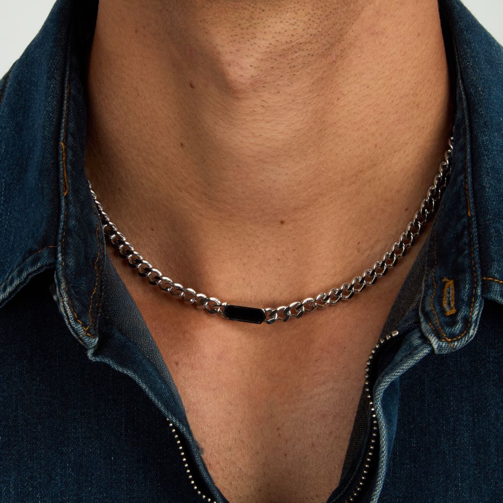 Collana Uomo Morellato Terra SBKA03 in Acciaio Silver con Maglia Chain e Inserto in Pietra Occhio di Tigre Blu 50 cm - Arena Gioielli