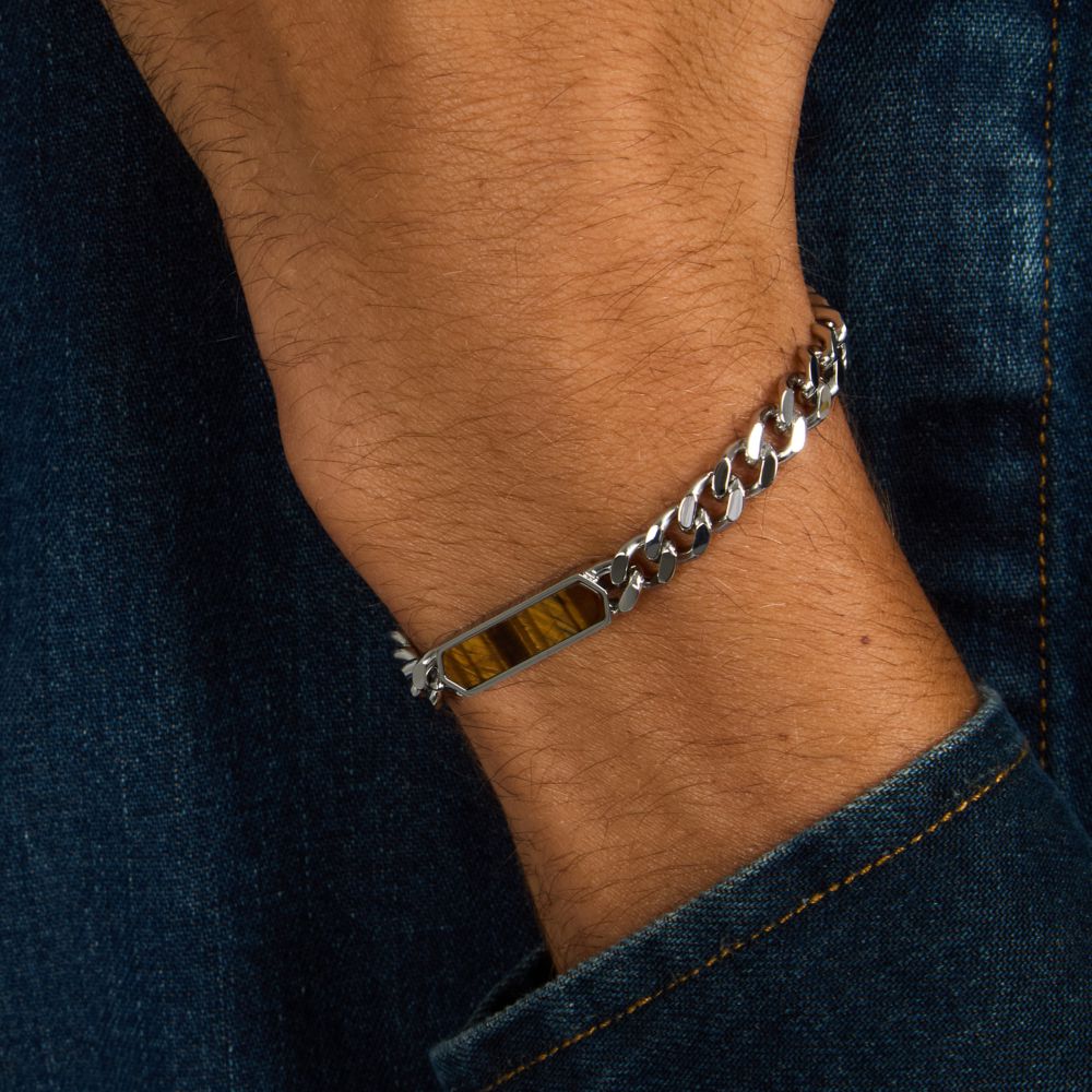 Bracciale Uomo Morellato Terra SBKA05 in Acciaio Silver con Maglia Chain e Inserto in Pietra Occhio di Tigre Marrone 18,5+3 cm - Arena Gioielli - Morellato