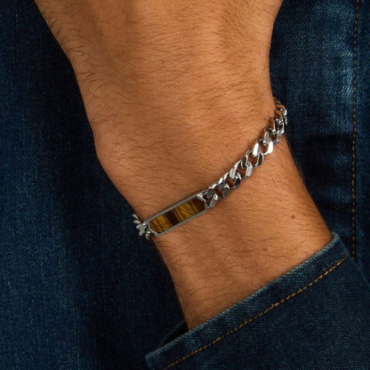 Bracciale Uomo Morellato Terra SBKA05 in Acciaio Silver con Maglia Chain e Inserto in Pietra Occhio di Tigre Marrone 18,5+3 cm - Arena Gioielli