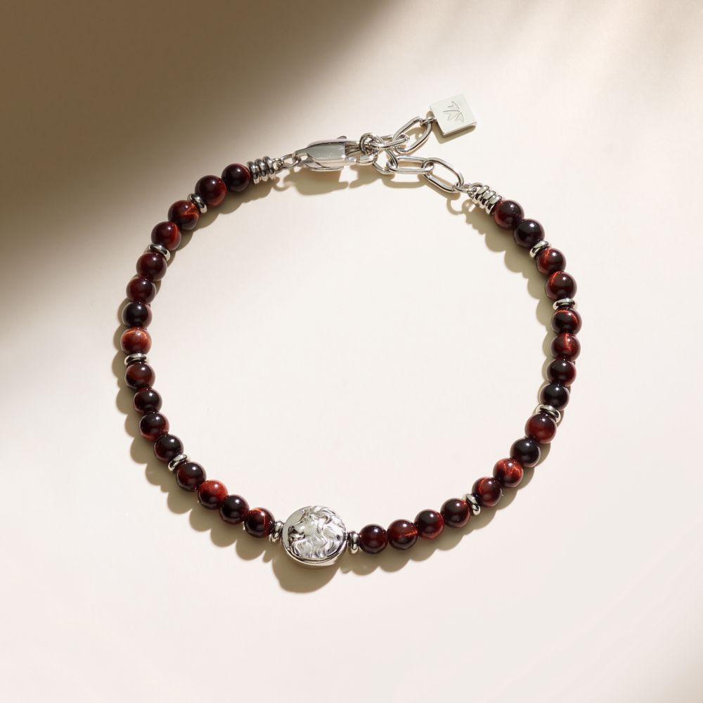 Bracciale Uomo Morellato Amuleti SBKA12 Occhio di Tigre Rossa e Acciaio con Simbolo Leone 19+3 cm - Arena Gioielli - Morellato
