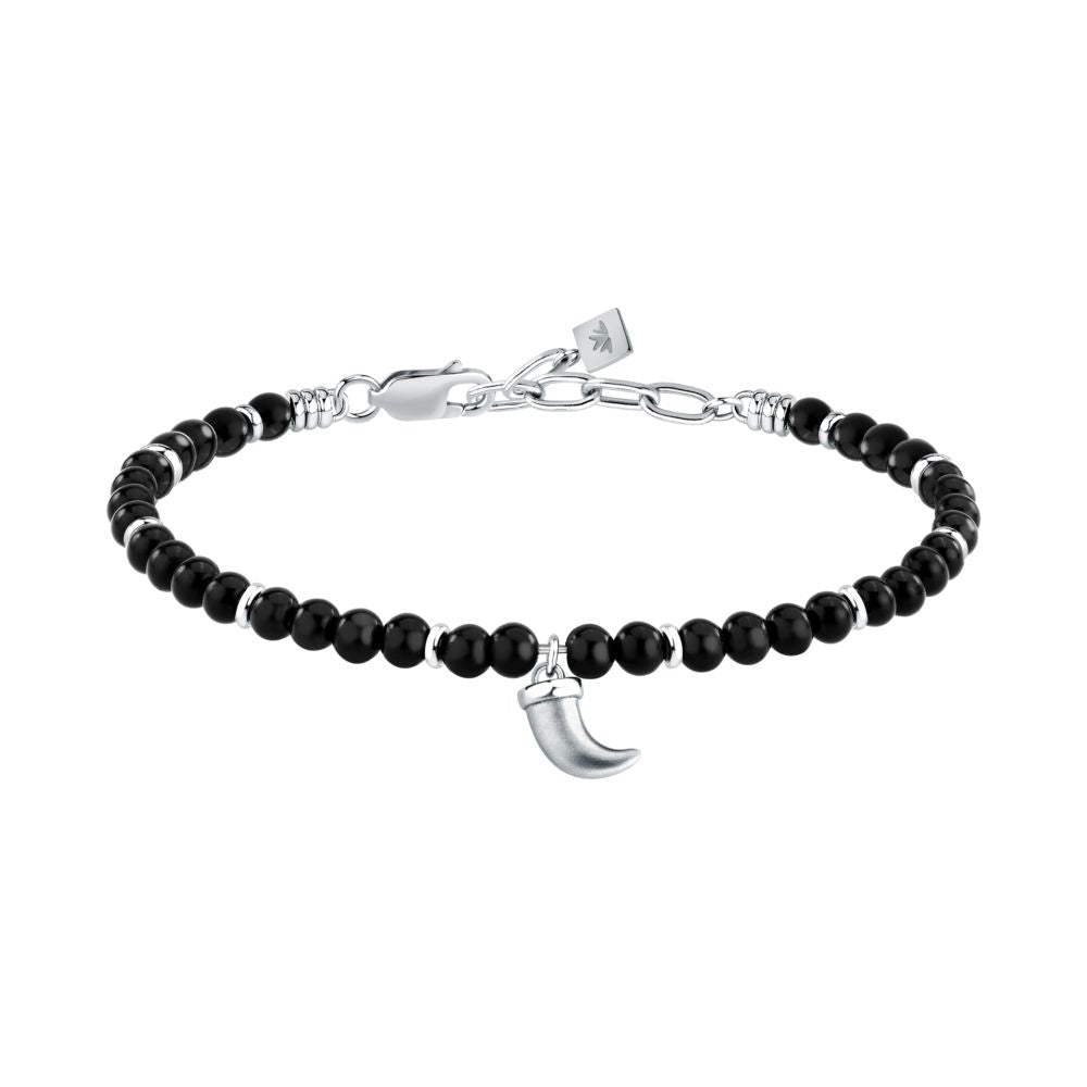 Bracciale Uomo Morellato Amuleti SBKA13 in Pietra Ossidiana Nera e Acciaio con Ciondolo Cornetto 19+3 cm - Arena Gioielli - Morellato
