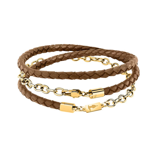 Bracciale Uomo Trussardi T-Leather TJAXZ16 – Multi-giro in Pelle Marrone e Oro - Trussardi